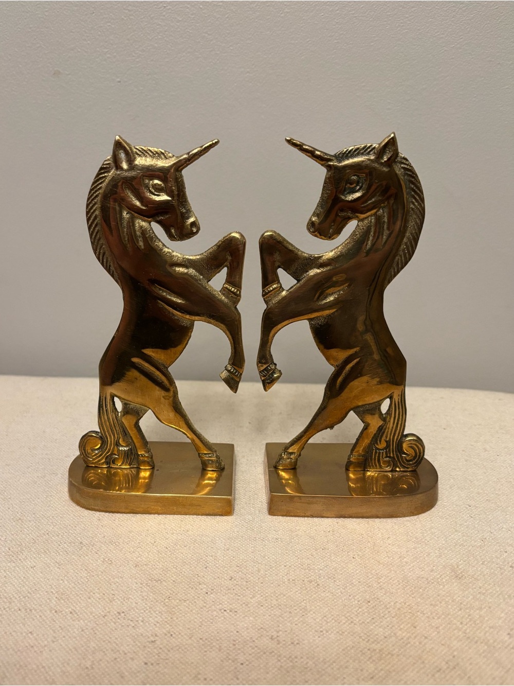 Vintage Solid Brass Rearing Unicorn Bookends Mid Century Hollywood Regency Set - Picture 16 of 16